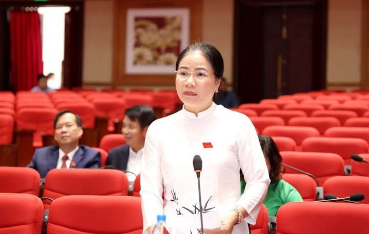 Đại biểu Nguyễn Thị Huấn (huyện Yên Lạc) trình bày tại phiên họp. (Ảnh: Lương Giang)