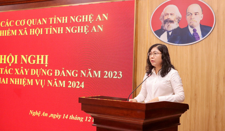 Đồng chí Lê Thị Dung - Phó Bí thư Đảng ủy, Phó Giám đốc BHXH tỉnh báo cáo tại HN