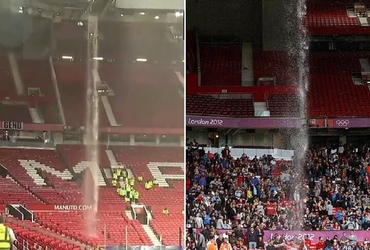 Nước chảy xối xả từ khán đài sân Old Trafford bị dột. (Ảnh: Reuters, Twitter)