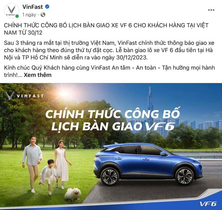 VinFast đăng tải trên trang fanpage chính thức về việc bắt đầu bàn giao VF 6 tại Hà Nội và TP.HCM.