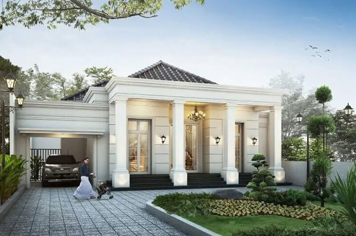 Ngôi nhà được hoàn thiện với gam màu trắng nhẹ nhàng, được điểm nhấn nhá bằng nhiều chi tiết trang trí độc đáo lạ mắt nhưng cũng không quá cổ điển để tạo nên một thiết kế đẹp mắt.