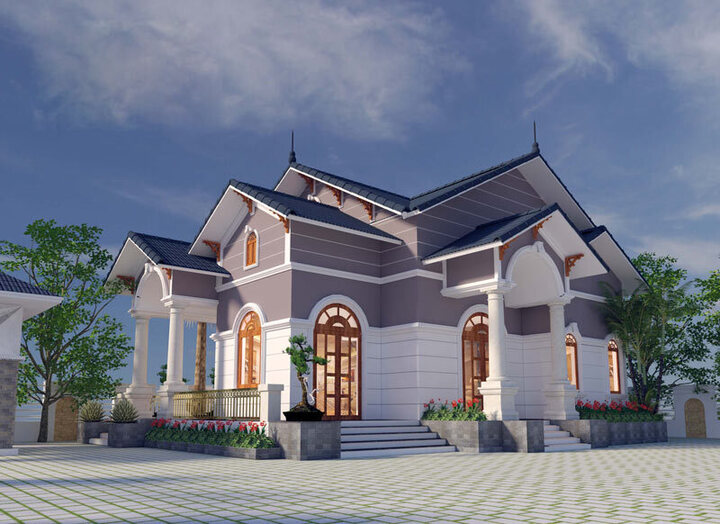 Một mẫu thiết kế nhà cấp 4 kiểu Pháp đẹp, gần gũi với thiên nhiên kết hợp cùng hệ thống sân vườn rộng rãi, bố trí nhiều hệ thống cửa kính hình vòm đem lại cái nhìn mới lạ cho công trình.