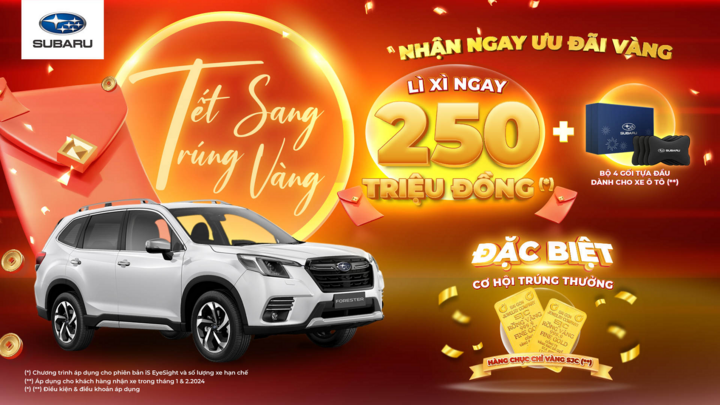 Hãng xe Subara thông báo lì xì hàng trăm triệu đồng cùng cơ hội trúng vàng cho khách mua xe. (Ảnh: Subaru)