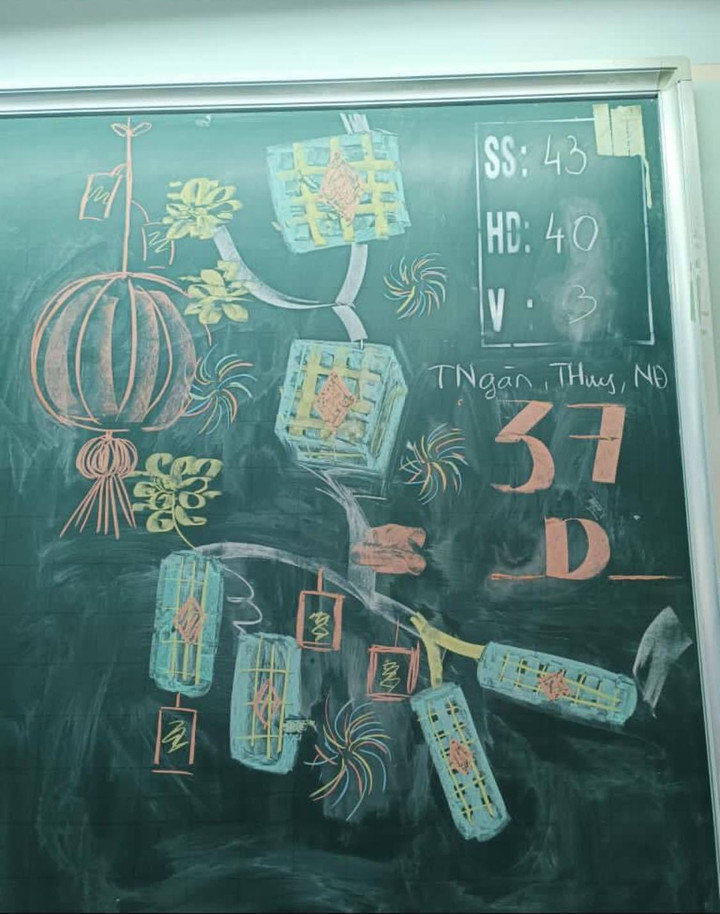 Góc bảng được trang trí kỳ công tràn ngập không khí Tết. (Ảnh: Thảo My)