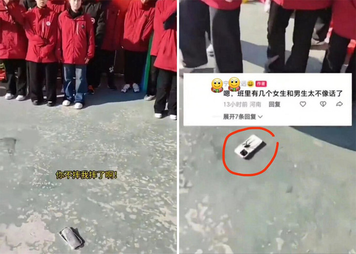 Thầy giáo vưt điện thoại của học sinh ra giữa sân trường trước sự chứng kiến của rất nhiều học sinh.