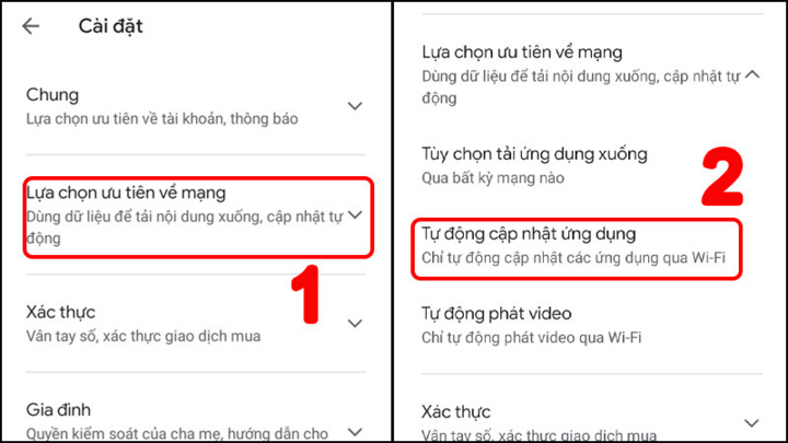 Lựa chọn ưu tiên về mạng > Tự động cập nhật ứng dụng.