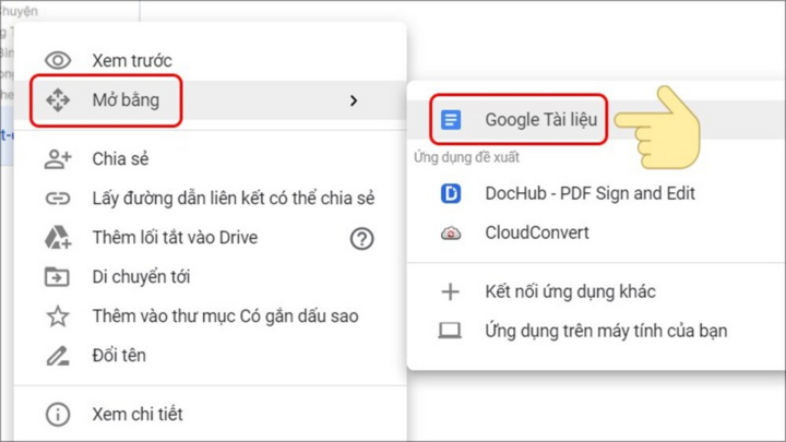 Ấn mở bằng > Google Tài liệu.