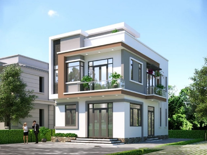Kiến trúc sư đã tận dụng mọi lợi thế của khuôn viên để thiết kế nên một ngôi nhà vuông 2 tầng 2 mặt tiền với nét đẹp khỏe khoắn, ấn tượng. Để hạn chế ánh sáng chiếu trực tiếp vào nhà quá nhiều, kiến trúc sư đã sử dụng hệ cửa kính cản nhiệt tối màu để cân bằng không gian.