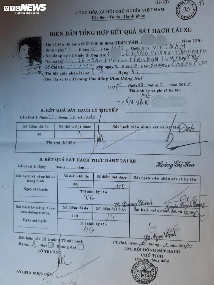 Biên bản tổng hợp kết quả sát hạch lái xe ô tô hạng B2 của anh Trần Văn N. (Ảnh: T.H)