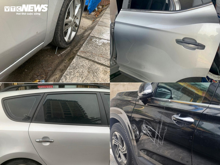 Những chiếc xe bị cào xước nham nhở khi đỗ ở đầu đường Lê Thánh Tông.