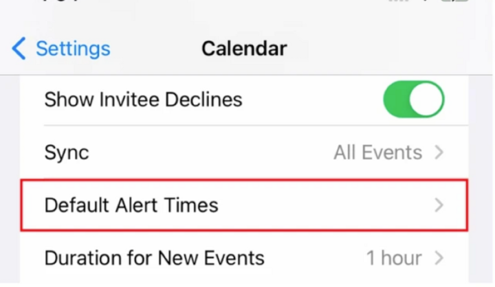 Trong Calendar sẽ thấy phần Default Alert Times (Thời gian thông báo mặc định), khi nhấn vào đây hệ thống hiện danh sách gồm Birthday (Sinh nhật), Events (Sự kiện) và All-day Events (Sự kiện cả ngày)