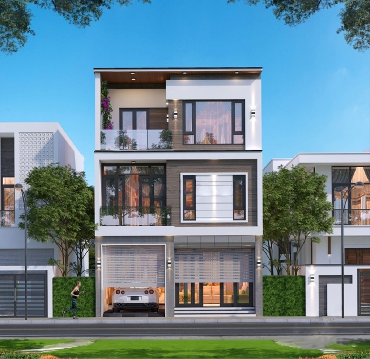Mẫu thiết kế nhà vuông ở phố với các bức tường được tận dụng cửa kính mang lại nhiều không gian thoáng cho ngôi nhà. (Ảnh: Wedo.vn)