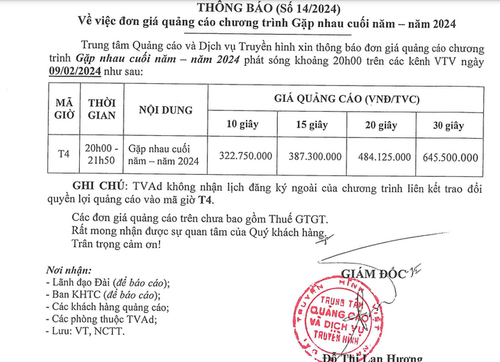 Đơn giá quảng cáo của chương trình "Táo quân 2024".