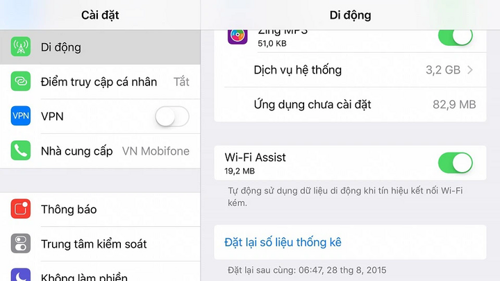 Cài đặt > Di động > tắt tùy chọn Wi-Fi Assist.