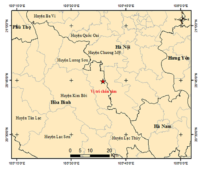 Bản đồ tâm chấn động đất ở tỉnh Hoà Bình. (Ảnh: igp-vast.vn)