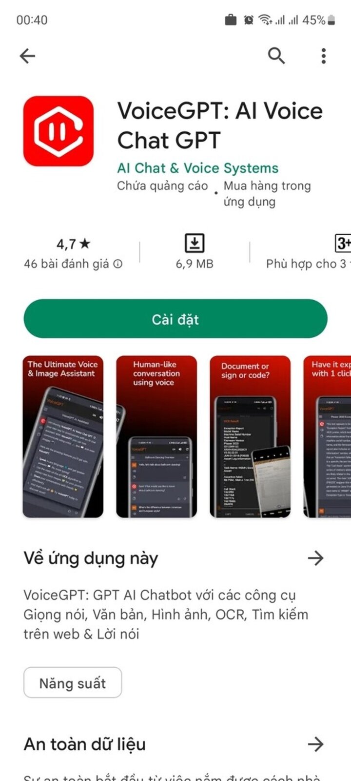 Play Store > VoiceGPT > Cài đặt.