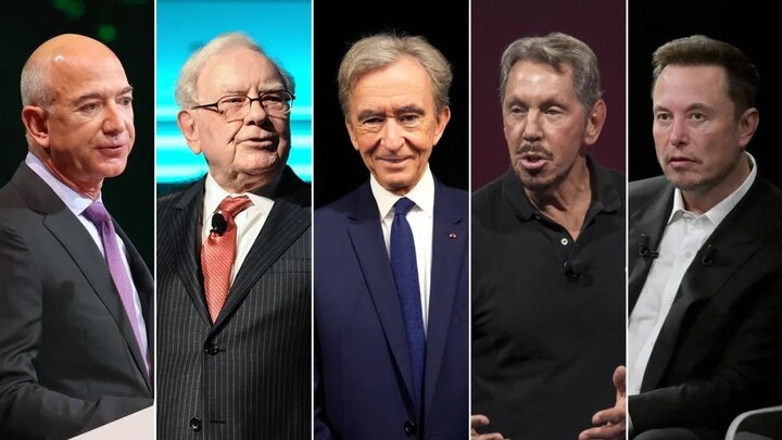 Jeff Bezos, Warren Buffett, Bernard Arnault, Larry Ellison và Elon Musk trở nên giàu có hơn rất nhiều trong những năm gần đây. (Ảnh: CNN)
