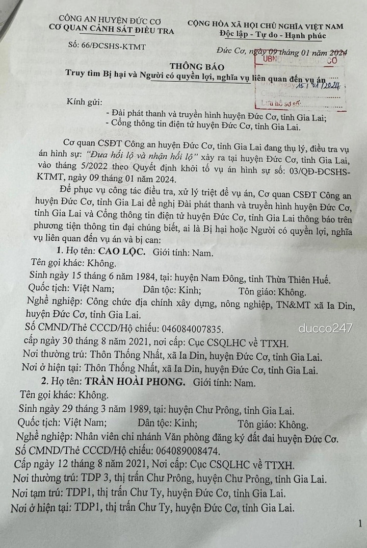 Công an huyện Đức Cơ phát đi thông báo để tìm người bị hại liên quan đến vụ án.
