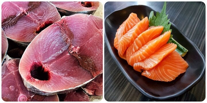 Cá ngừ (trái) và cá hồi rất hay mang đến mức độ khoẻ.