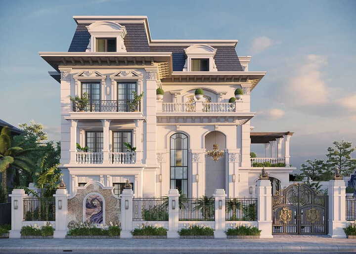 Mẫu biệt thự cổ điển 3 tầng 6 phòng ngủ ngày càng chiếm được cảm tình của các chủ đầu tư bởi phong cách sang trọng, tỉ mỉ trong từng đường nét thiết kế. Biệt thự được thiết kế với sự bố trí công năng rộng rãi, đáp ứng đầy đủ nhu cầu của gia đình với 6 phòng ngủ. Để thêm phần ấn tượng cho căn nhà, bạn có thể thiết kế mái hiên trước nhà có đường nét hoa văn của phong cách cổ điển. (Ảnh: enhome)