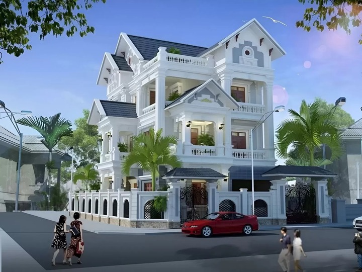 Mẫu biệt thự 3 tầng với 6 phòng ngủ rộng với gam màu trắng ghi nổi bật, thu hút mọi ánh mắt. (Ảnh: Vinavic)