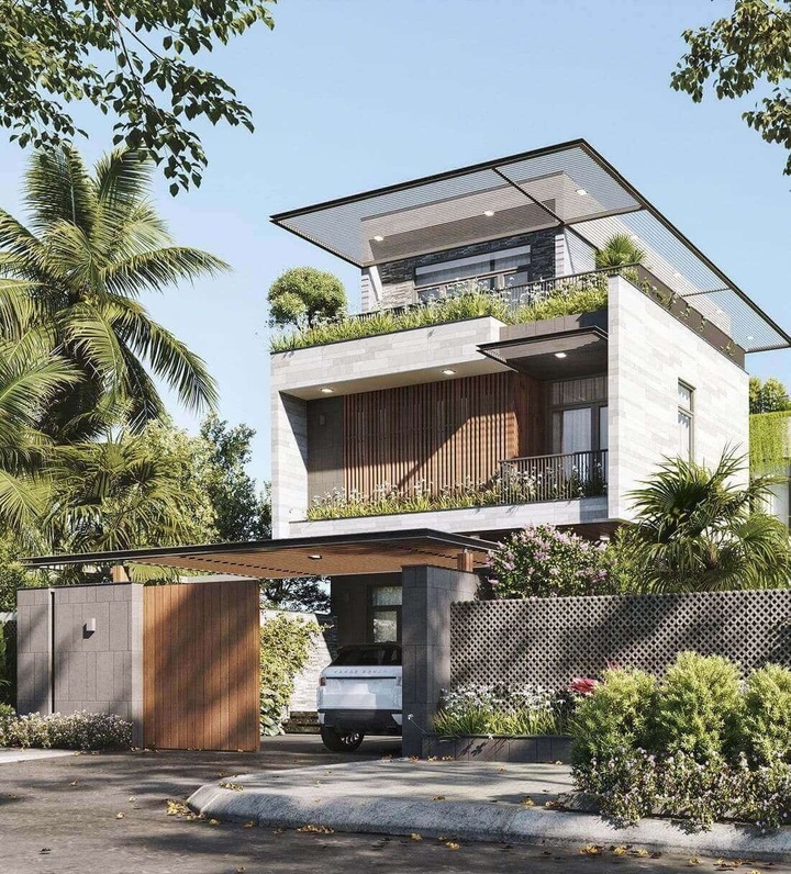 Mẫu biệt thự 2 tầng 6 phòng ngủ được thiết kế đơn giản, hiện đại. (Ảnh: enhome)