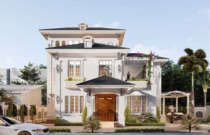 Mẫu biệt thự 6 phòng ngủ được thiết kế tân cổ điển với phong cách trang trí đơn giản nhưng bắt mắt. (Ảnh: enhome)