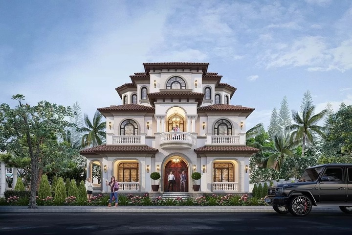 Mẫu biệt thự 3 tầng 6 phòng ngủ mang phong cách địa trung hải, sang trọng và ấm áp. (Ảnh: Vinavic)