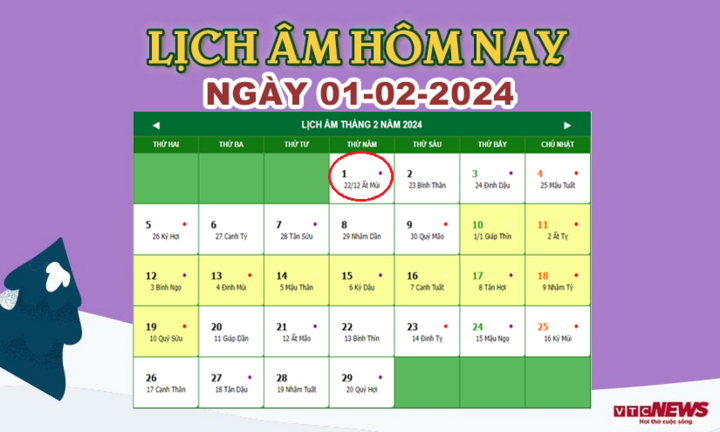 Xem lịch âm hôm nay ngày 1/2/2024.