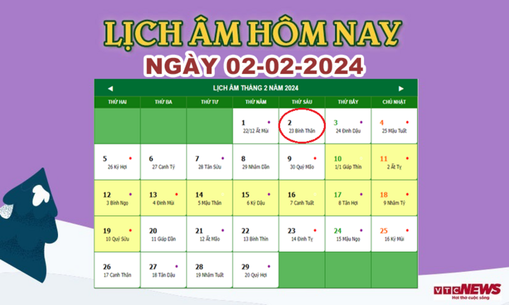 Xem lịch âm hôm nay ngày 2/2/2024.