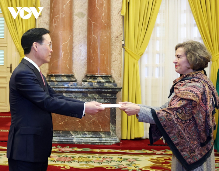Đại sứ Tây Ban Nha Carmen Cano De Lasala trình Quốc thư lên Chủ tịch nước Võ Văn Thưởng.