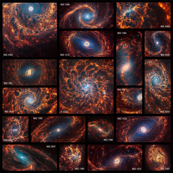 Một bức ảnh tổng hợp gồm 19 hình ảnh JWST chụp cận cảnh về các thiên hà xoắn ốc. (Ảnh: NASA, ESA, CSA, STScI, Janice Lee (STScI), Thomas Williams (Oxford))