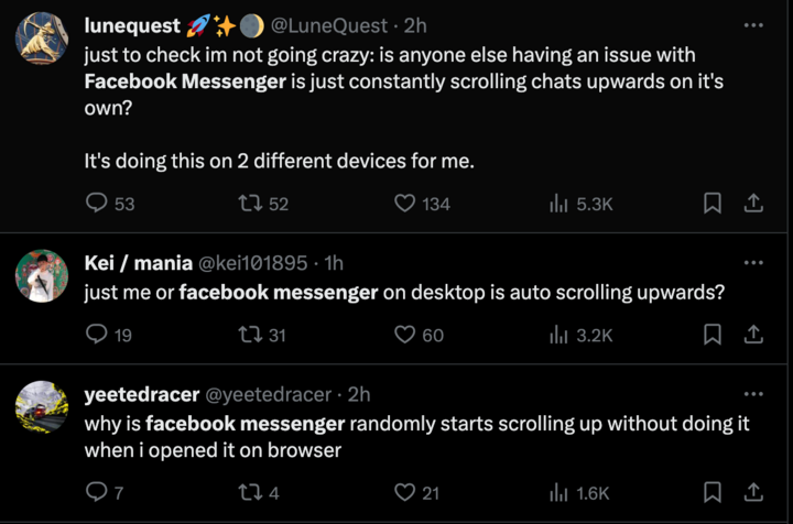 Người dùng trên mạng xã hội X (trước là Twitter) chia sẻ về sự cố tự động kéo về tin nhắn cũ của ứng dụng nhắn tin Messenger. (Ảnh: X)