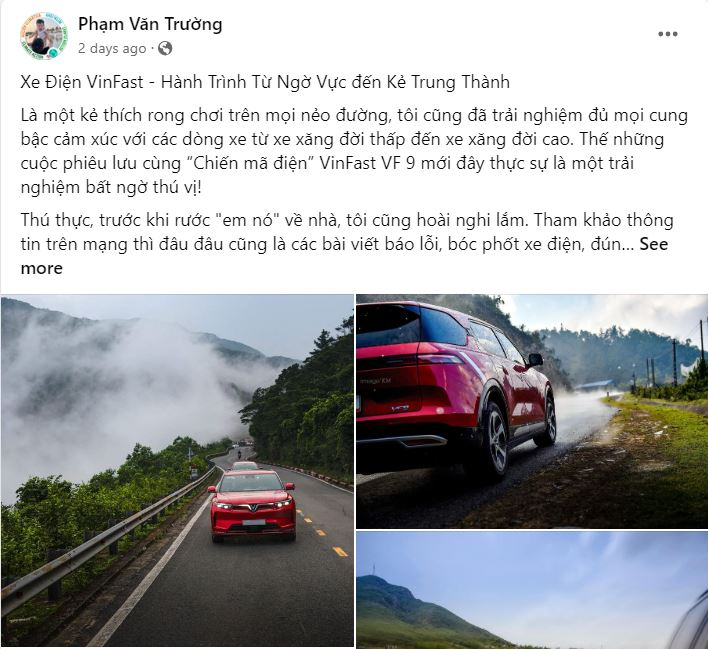 Chia sẻ của anh Phạm Văn Trường về hành trình “từ ngờ vực đến kẻ trung thành” với xe điện VinFast cùng những hình ảnh đẹp trên mọi nẻo đường. (Ảnh: Facebook NV)