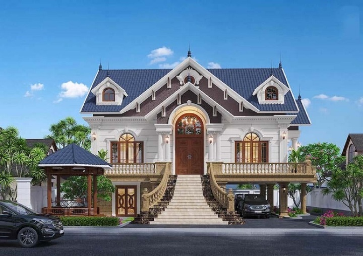 Mẫu nhà mặt tiền 12m, sâu 6m được thiết kế phong cách sang trọng, tận dụng tầng 1 làm gara để xe. (Ảnh: Danhgiahanoi)
