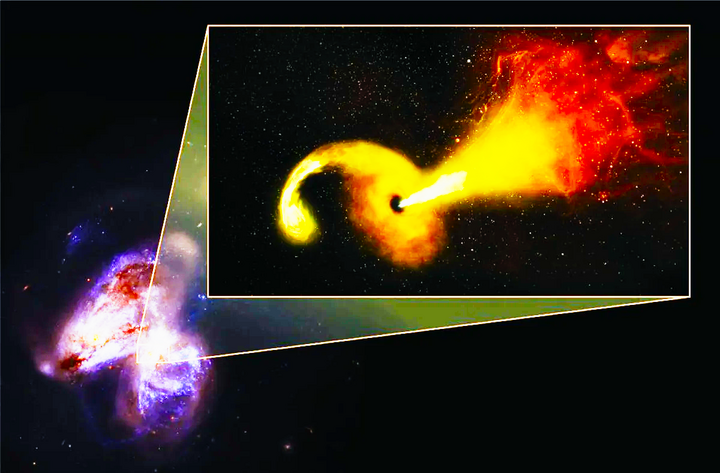 Kính viễn vọng không gian XMM Newton đã bắt gặp một lỗ đen khổng lồ hung hăng, ngăn cản thiên hà chủ của nó sinh ra những ngôi sao mới. (Ảnh minh họa: Sophia Dagnello, NRAO, AUI, NSF; NASA và STScI)
