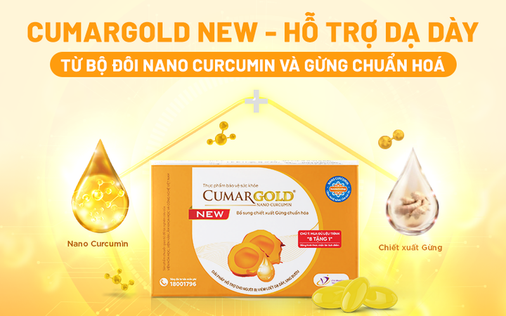 Nano Curcumin và Gừng chuẩn hoá trong CumarGold New hỗ trợ dạ dày hiệu quả.