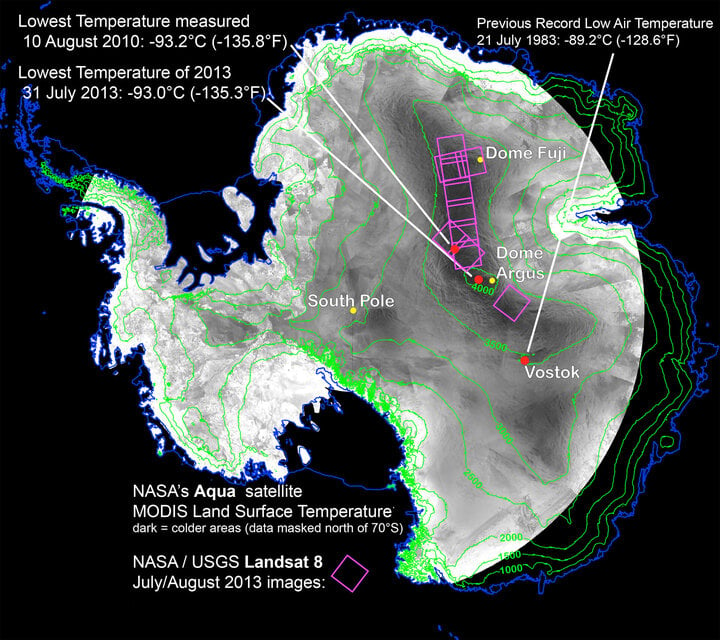 Vùng cao nguyên đông Nam Cực (Dome Argus) là khu vực từng được con người ghi nhận có nền nhiệt thấp nhất Trái đất. (Ảnh: NASA)