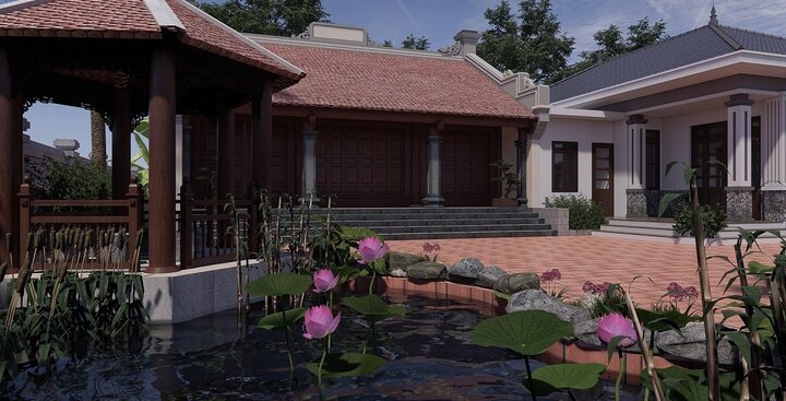 Mẫu nhà gỗ 3 gian được thiết kế hiện đại với sân vườn, hồ cá tạo nên một không gian sống yên bình, hiện đại.