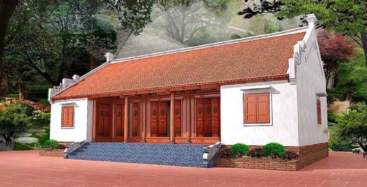 Mẫu nhà gỗ 3 gian mang nhiều màu sắc cổ truyền với mái ngói đỏ, tường trắng, sân gạch đỏ làm nổi bật ngôi nhà.