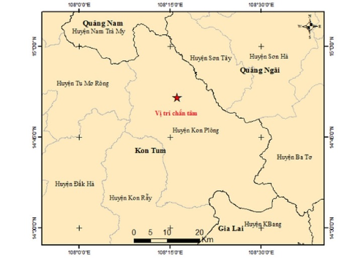 Vị trí tâm chấn trận động đất mạnh 4 độ richter, hôm nay 7/2. (Ảnh: Viện Vật lý địa cầu)