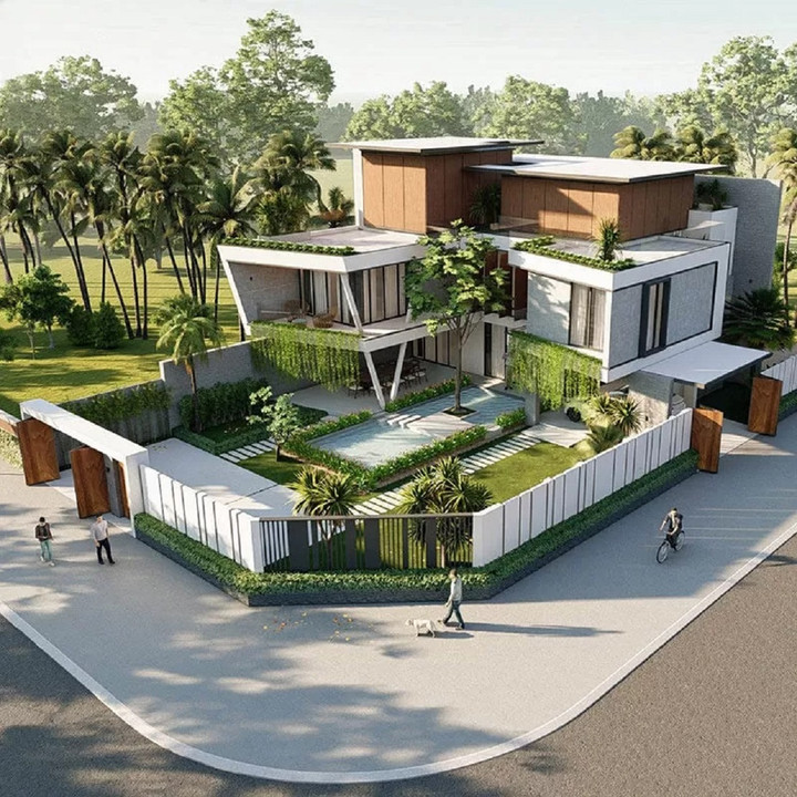 Mẫu biệt thự vườn được thiết kế 3 tầng với phong cách độc đáo, hòa vào thiên nhiên. (Ảnh: Vinavic)