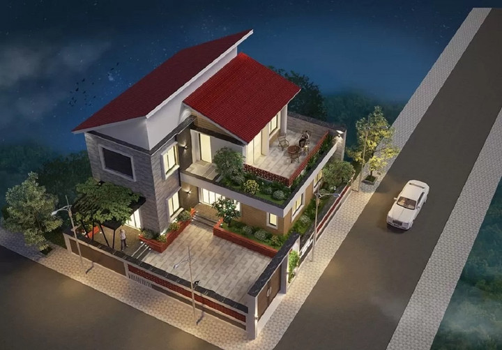 Mẫu nhà 2 tầng được thiết kế hình chữ L với sân vườn rộng, mái thái đỏ nổi bật. (Ảnh: Vinavic)