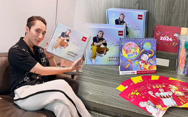 Sơn Tùng M-TP khoe trọn bộ món quà tặng từ văn phòng phẩm Deli. (Nguồn: Deli)