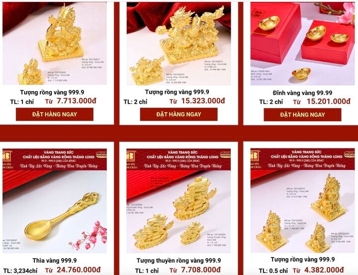 Sản phẩm vàng phục vụ ngày vía Thần Tài 2024 của Bảo Tín Minh Châu đã cho đặt hàng trước trên website. (Ảnh chụp màn hình)