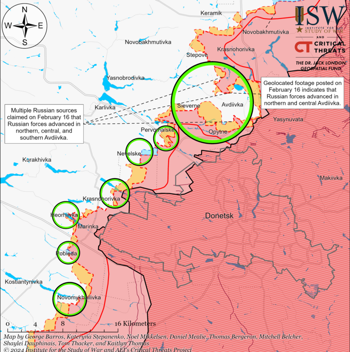 Bản đồ chiến sự ở Avdiivka tính đến chiều 16/2. (Ảnh: ISW)
