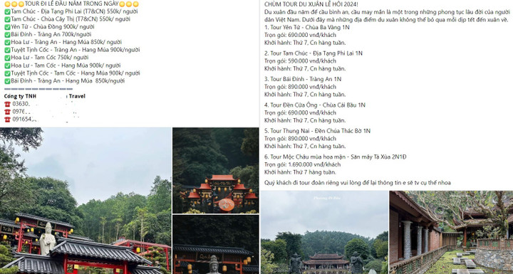 Hàng loạt tour du lịch kết hợp đi lễ chùa có giá chỉ vài trăm nghìn đồng đang được doanh nghiệp lữ hành chào bán. (Ảnh chụp màn hình)