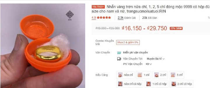 "Nhẫn vàng 16k" cũng được đăng bán rầm rộ ngày vía Thần Tài trên các sàn thương mại điện tử, thật ra nó có nghĩa là chiếc nhẫn giá 16 nghìn đồng. (Ảnh chụp màn hình)