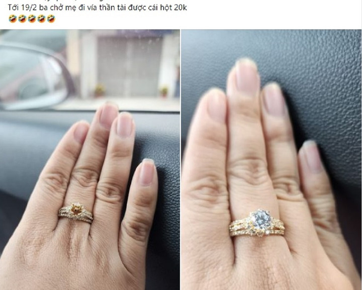 Cũng là mua vàng lấy may ngày mùng 10 tháng Giêng, cô gái này khiến bạn bè "thả ha ha" khi khoe chiếc nhẫn có "viên kim cương" trị giá 20 nghìn đồng. (Ảnh: Lan Anh)