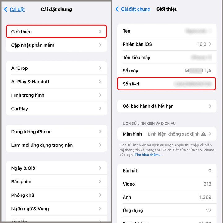Cài đặt chung > Giới thiệu > Số seri.